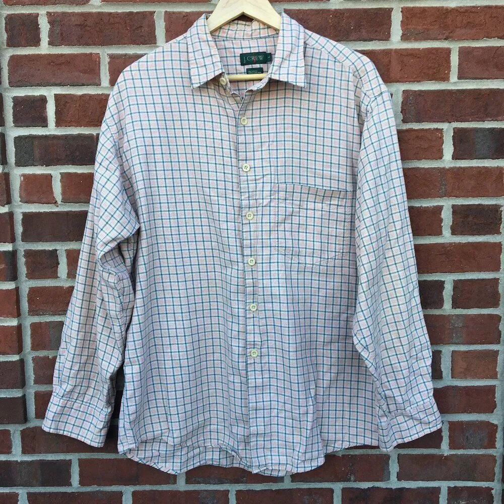 J. Crew Button Up Shirt Mens Large Plaid White Blue Pink Long Sleeve